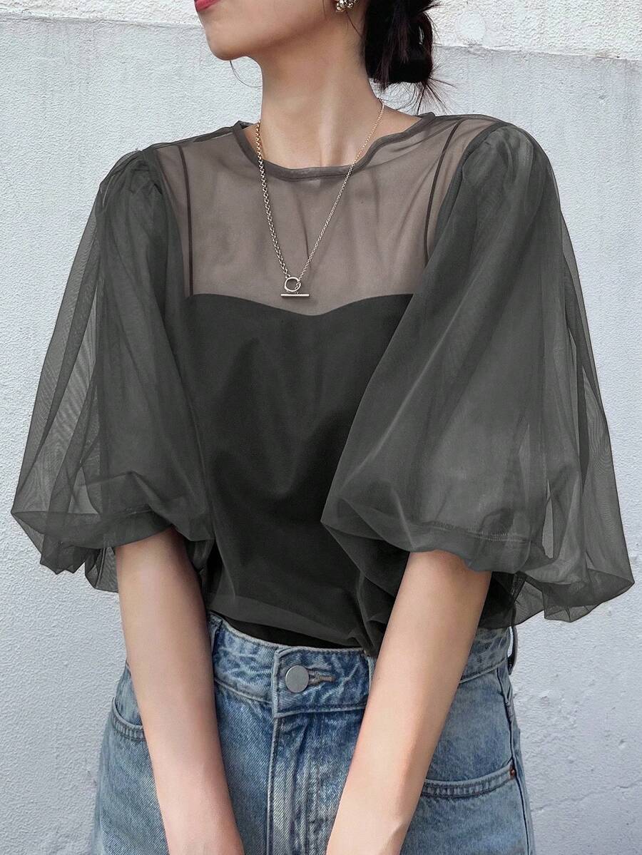 FRIFUL 女式纯棕色圆领泡泡袖透视网眼宽松休闲分层上衣