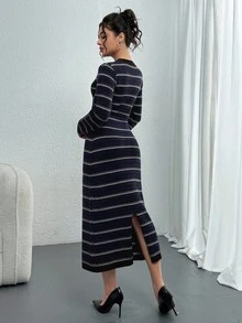DAZY 女士优雅通勤条纹纽扣装饰毛衣裙，秋冬 - 黑色 - 查看 3