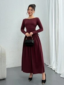 DAZY Women's Solid Color Long Sleeve Ruched Fitted Dress Red Women Dresses