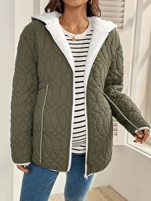 SHEIN Maternity Casual Drawstring Waist Hooded Jacket With Thermal Lined, Autumn/Winter Quilted Maternity Jacket Maternity Winter Coat Green Maternity Jacket Maternity Jacket Plus Size Maternity Coat Chic - Army Green - View 4
