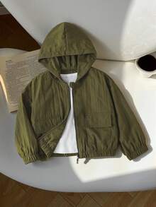 年轻男孩时尚休闲连帽弹性袖口和下摆夹克外套，实用大口袋设计，宽松舒适，适合春季、夏季、秋季、日常、户外、派对、拍照 - 軍綠色 - 查看 6