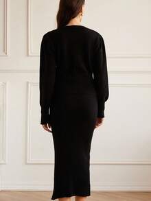 Chiquease 2pcs Set: Crew Neck Pullover Sweater With Button Decor & Midi Skirt - Black - View 6
