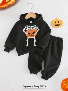 Cozy Pixies Conjunto de 2 peças de moletom com capuz e calça de cós elástico para bebê menino Halloween com estampa de abóbora - Multicolorido - Ver 5