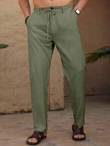 Manfinity RSRT 男士宽松抽绳腰纯色休闲度假裤，适合秋季 - 草綠色 - 查看 6