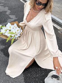 SHEIN Frenchy 女式法式休闲优雅长袖通勤纯色高开衩露背长裙、女式秋季连衣裙、女式冬季连衣裙、新年连衣裙、秋季婚礼宾客连衣裙、女士休闲连衣裙、派对优雅连衣裙、女士秋季连衣裙、休闲连衣裙、适合秋冬季 女式秋季连衣裙 秋季婚礼宾客连衣裙 冬装 女式秋季服装 女式秋季连衣裙 冬装 女式冬季服装 女式冬季服装 女式返校节连衣裙 晚宴服装 女式约会晚礼服 婚礼宾客礼服 女式 Y2k 服装 老钱连衣裙 老钱服装 女式飘逸连衣裙、婚礼宾客礼服、优雅派对礼服、秋季婚礼宾客礼服、女士感恩节服装、新年连衣裙、休闲连衣裙、秋季连衣裙 - 杏色 - 查看 1