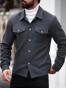 Manfinity Homme 男士纯色单排扣休闲夹克，秋冬男士纽扣夹克，灰色夹克，男士衬衫夹克，男士针织夹克 - 深灰色 - 查看 5