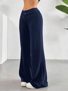 SHEIN EZwear 加大码蓝色休闲高腰直筒裤女式阔腿裤海军蓝裤子 - 藍色 - 查看 12