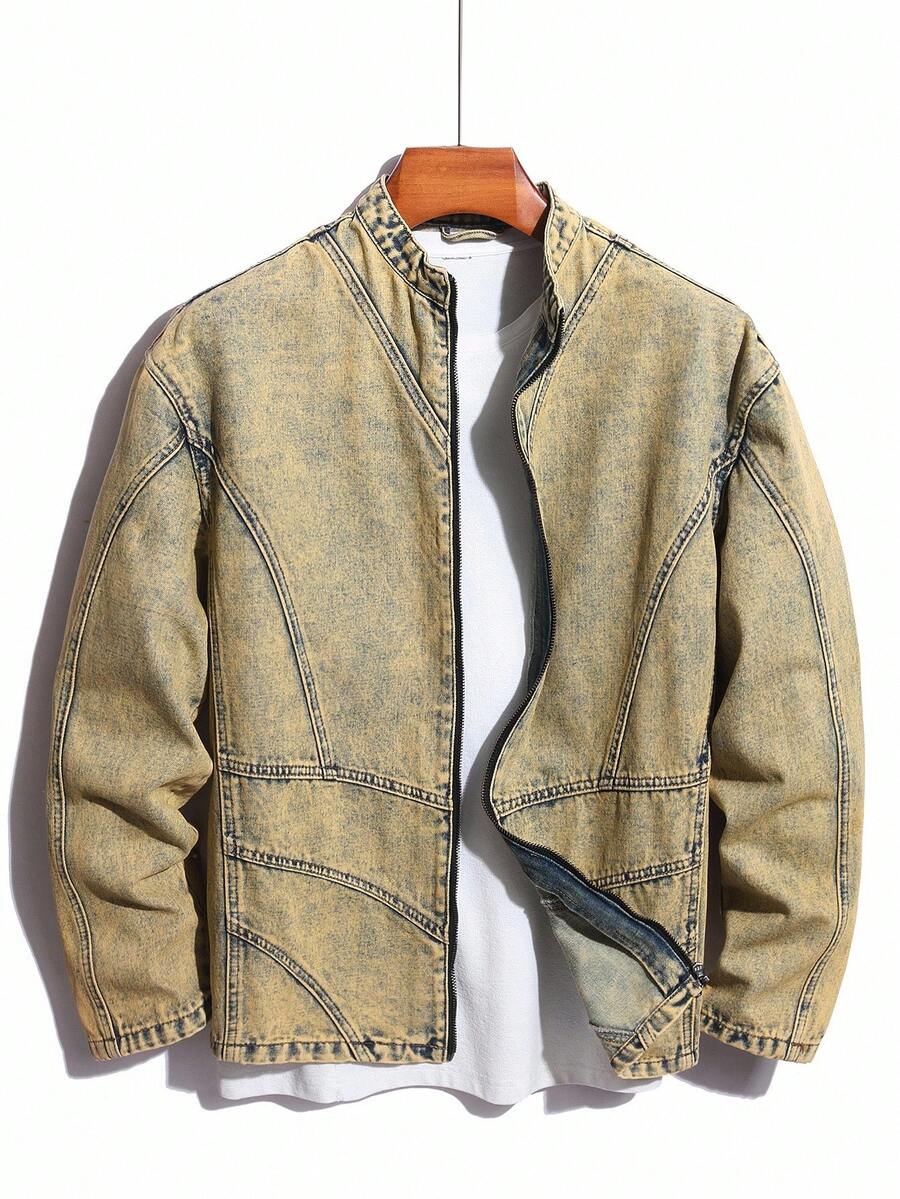 Manfinity Homme Men's Acid Wash Casual Loose Band Collar Denim Jacket With Zipper Front, Autumn, Fall - Brown - View 1