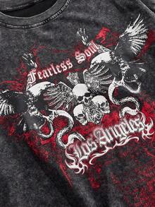 ROMWE MEN Grunge Punk Camiseta oscura con cuello redondo y estampado de "Haha" desgastada de moda para hombres, estilo de los años 2000 para Halloween - Negro - Ver 3