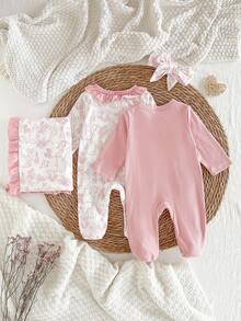 4 件套新生儿花卉印花头带、连脚连体衣、罗纹连体衣和襁褓毯套装，适合所有季节的舒适家居服 - 粉色 - 查看 2