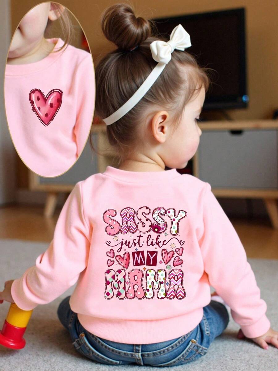 SHEIN Playful Pals 女童休闲时尚创意彩色渐变字母标语图案印花基本款圆领卫衣 - 粉色 - 查看 1