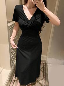 DAZY Minimalist Knit Bodycon Twist Design Women Loungewear Dress Pajama - Black - View 6