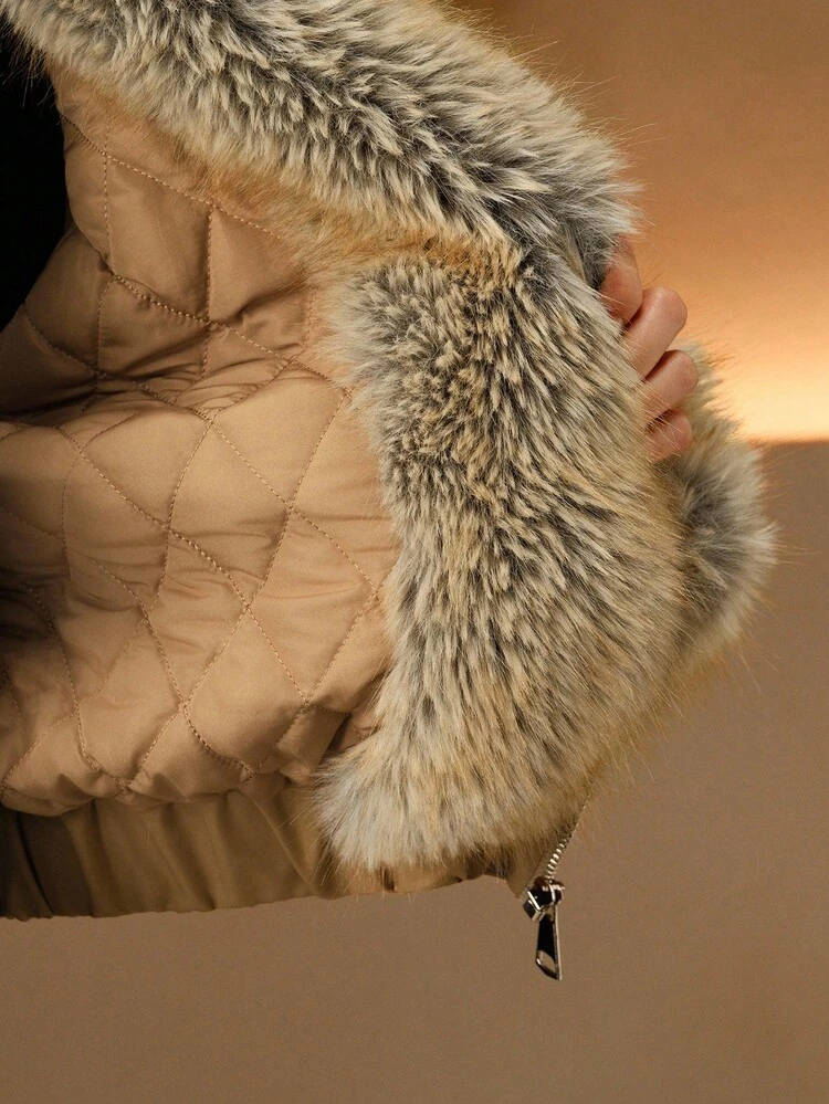 Short Collar Faux Fur Trim Women Jacket Coat