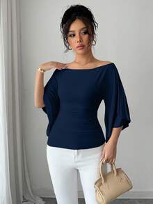 Elenzga Camiseta de mujer de unicolor con mangas acampanadas y hombros descubiertos