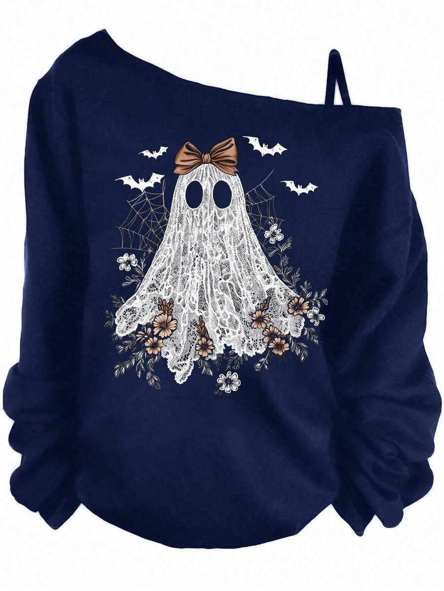 EMERY ROSE 休闲简约纯色蝙蝠幽灵印花露肩长袖T恤，加大码，适合秋冬季 - 藏蓝色 - 查看 1