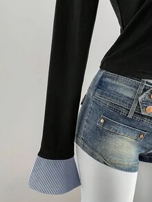 Sweetra 1pc Women's Striped Splice Asymmetrical Hem Tight Long Sleeve T-Shirt, 2 In 1 Shirt Collar, Fashion Casual Street Style, Autumn/Winter Graphic Tees Women Tops For Spring