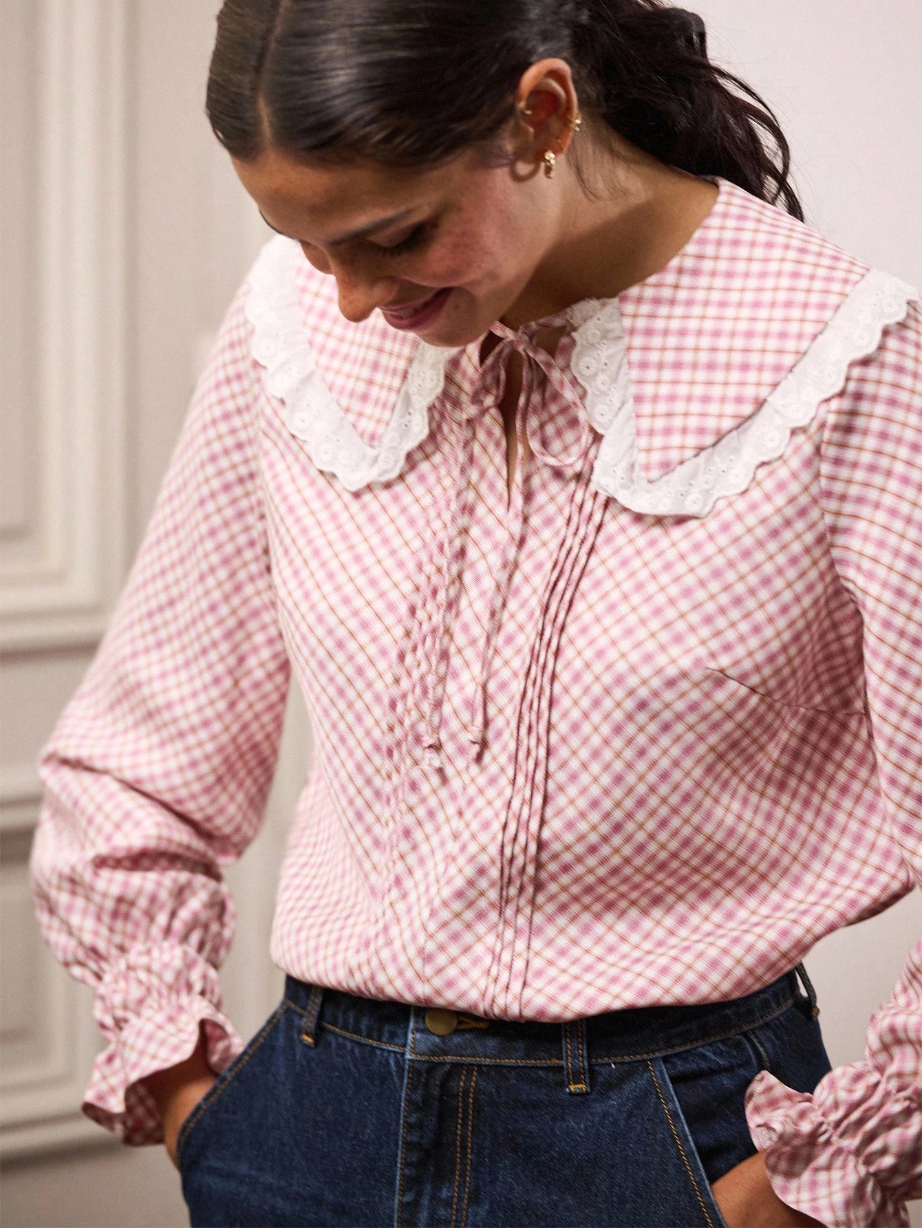 Pink Gingham Blouse With Lace-Trimmed Peter Pan Collar And Ruched Long Sleeves Fall Women Spring Summer Office