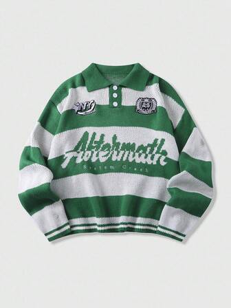 Prep Pull ample à manches longues avec motif rayé brodé pour hommes, automne hiver