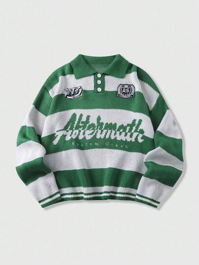 Prep Maglione oversize a maniche lunghe con motivo a righe e ricamo, adatto per l'autunno e l'inverno, da uomo