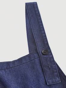 SHEIN Girlism Teen Girl Solid Washed Casual Pleated Denim Jumpsuit Wide Leg Pants Without Top