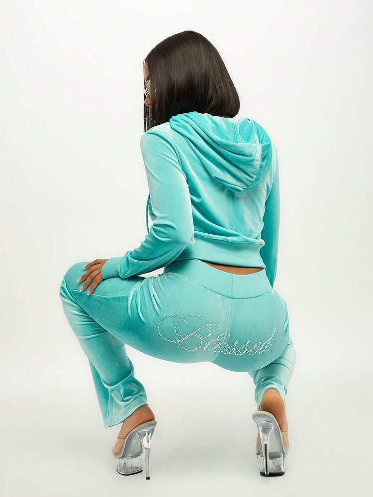 SUMWON WOMEN Türkise Jogginghose aus Velours mit Kristalldetail