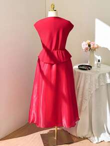 Flirla Plus Size Women 2 Pieces Set: Solid Color Floral Decor Elegant Top & Mesh Midi Skirt - Red - View 4