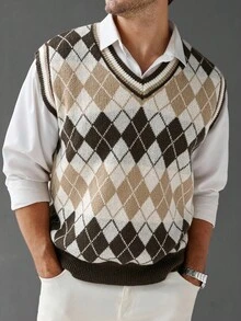 OTTIMOZO Men's Argyle Pattern Color Block V-Neck Knit Sweater Vest For Men Crochet Set Sleeveless Sweater Men Knit Tops Jumper For Men, Fall Winter - Multicolor - View 4