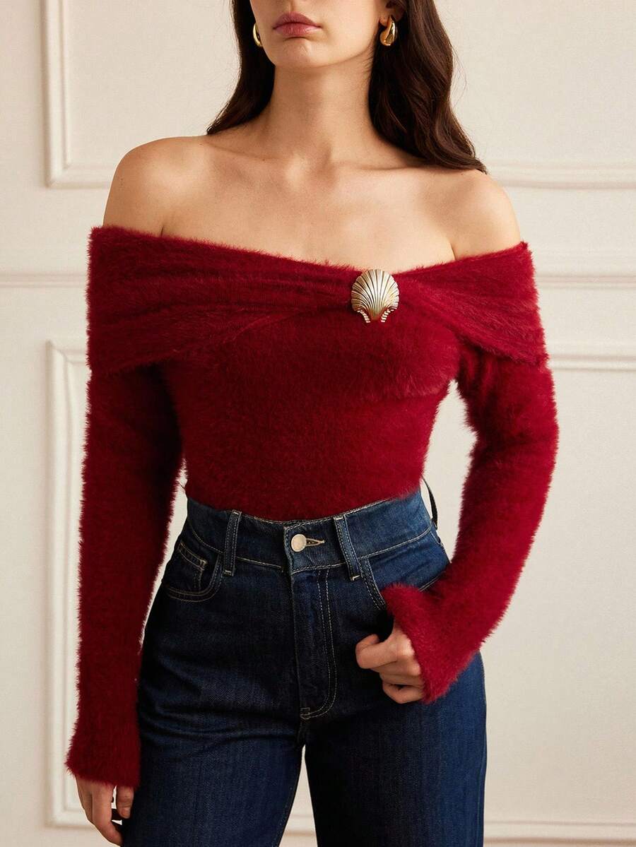 Chiquease Elegant Off Shoulder Knitted Sweater, Autumn/Winter - Burgundy - View 1