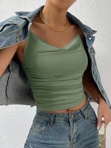SHEIN Clasi Plus Size Summer Sage Green Camisole,Smart Casual Solid Scoop Neck Fitted Cropped Tube Top,Night Out Club Ruched V Cut Chic Blouse For Women - Green - View 2