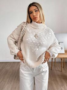 Siren Gaze Women's Solid Color High Neck Drop Shoulder Sequin Knit Pullover Sweater Winter,Christmas Sweater Casual - Apricot - View 4