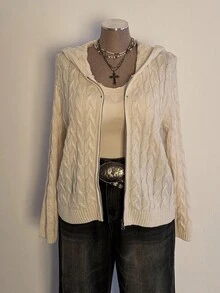 Sunspun Plus Size Women Textured Knit Hooded Front Zip Cardigan Sweater, Suitable For Autumn/Winter, Back To School/Commuting Outfits Fall