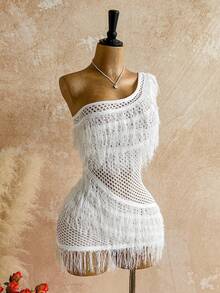 Soleia 秋冬款女士不对称领口修身迷你连衣裙（一件） - 白色 - 查看 5