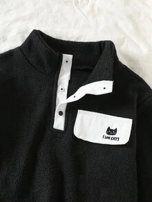 Genkimix Kids 2 件套小男孩宽松毛茸茸夹克 + 宽松运动裤黑色对比套装 - 黑色 - 查看 6