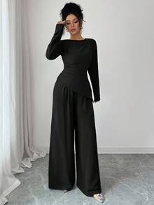 SHEIN Raffinéa 2pcs/Set Women Round Neck Solid Color Pleated Asymmetrical Hem Long Sleeve Top - Black - View 6