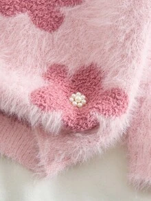 SHEIN Vintaside Kids Young Girl Casual, Fashionable And Cute Pink Faux Mink Knitted Round-Neck Middle Eastern Long-Sleeved Sweater, Soft And Comfortable, Suitable For Daily Scenes, Suitable For Scenes, Suitable For Travel Scenes, Suitable For Vacation Scenes, Suitable For Home Scenes, Suitable For Nursery Scenes, Suitable For Autumn And Winter, Christmas, School Opening, Party, Versatile Autumn And Winter Clothing, Festival