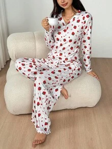 SHEIN 2pcs/Set Teen Girl Cute & Simple Colorful Strawberry Print V-Neck Half-Placket Ruffle Trim Long Sleeve Soft & Comfortable Pajama Set Fall Winter