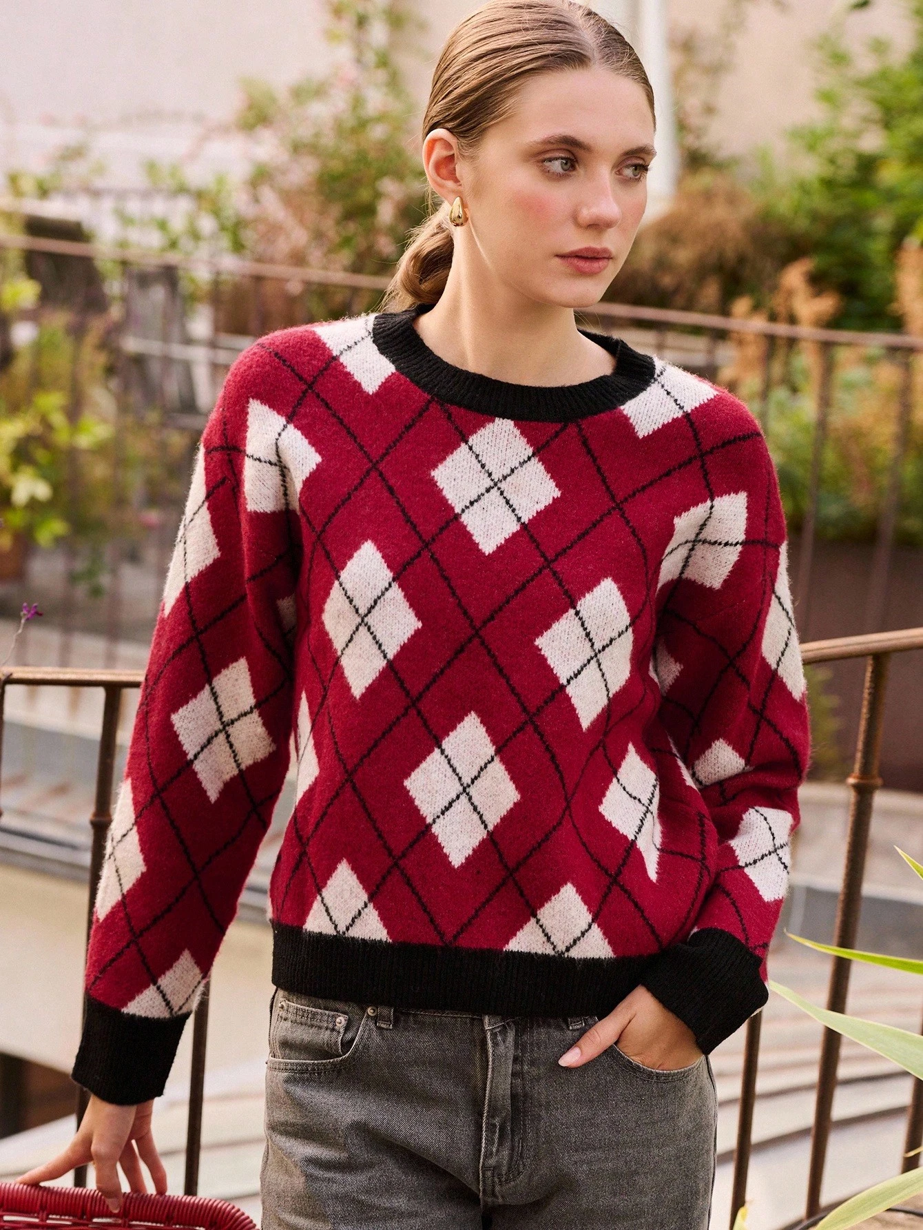 Maglione ampio a rombi, adatto per la primavera e l'estate, per uscite e il Capodanno