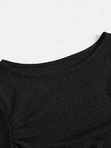 Girlism Áo thun tay dài dáng rộng cổ điển thanh lịch, nhún eo cho bé gái tuổi teen, áo cánh đa năng - màu đen - Xem 4
