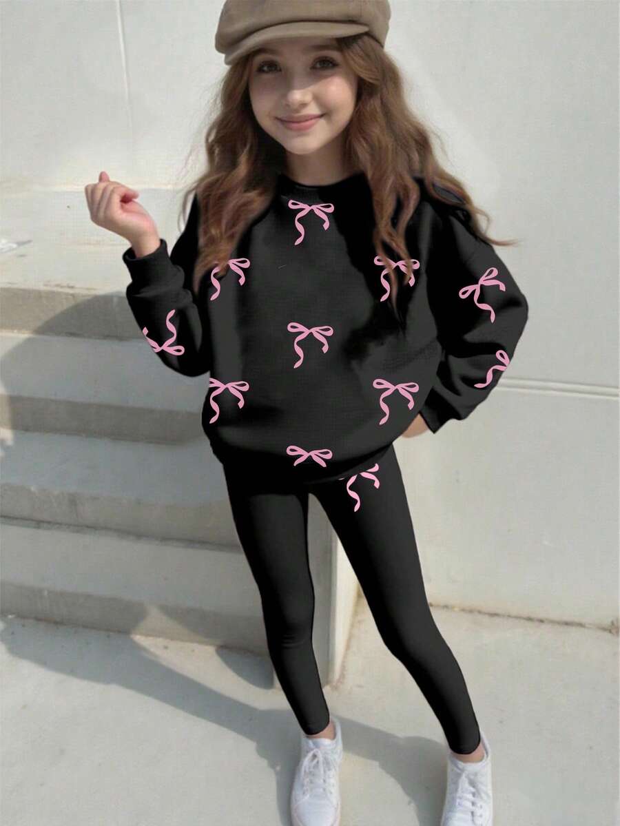 SHEIN Sparklyn 1 套女孩返校时尚圆点蝴蝶结印花圆领运动衫和黑色紧身裤套装，秋季服装 - 白色 - 查看 1