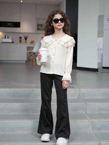 Tween Girl Eyelet Embroidered Trim Statement Collar Flounce Sleeve Blouse - White - View 1