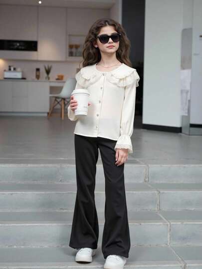 少女蕾絲花邊描繡圓領泡泡袖襯衫