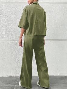EURMUSE 女性兩件套襯衫和褲子套裝 - 軍綠色 - 查看 2