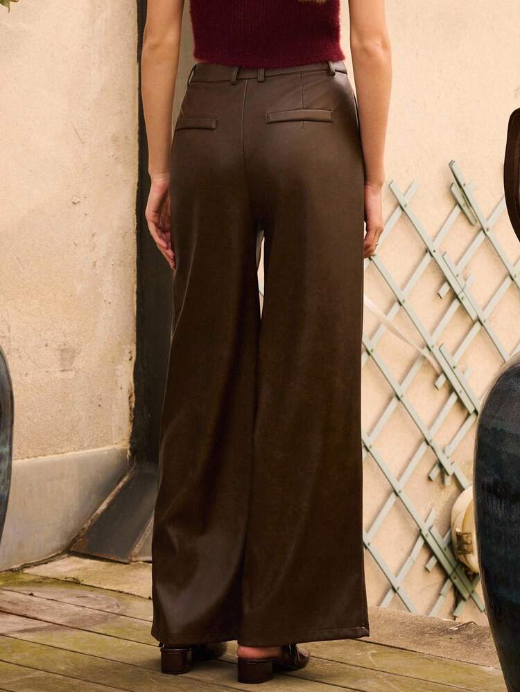 Pantaloni a vita alta a gamba ampia  marrone scuro, abbigliamento autunnale da donna per l'autunno e l'inverno