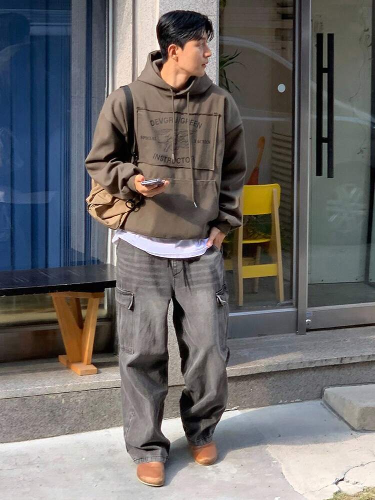 Men's Solid Color Washed Gray Contrast Color Drawstring Waist Design Jeans, Autumn Jeans For Men Cargo Baggy