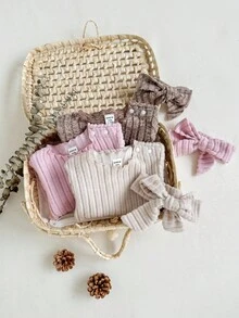 SHEIN 3pcs/Set Newborn Baby Girls Cute Solid Color Soft Comfortable Ruffled Bodysuit & Headband Set, Suitable For Autumn/Winter, Indoor & Outdoor Wear Fall