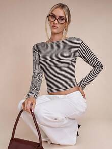SHEIN BAE Women's Contrasting Striped Backless Long-Sleeved T-Shirt, Autumn Women's Clothing, Winter Women's Clothing, Apricot Striped Women's Tops, Going Out Tops, Striped Off-The-Shoulder Tops, Women's Casual Tops, Long-Sleeved T-Shirts,Winter Clothes,Sexy Top, Thanksgiving Shirt - Coffee Brown - View 7