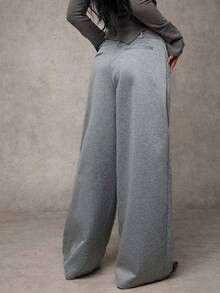 SHEIN BAE Women's Solid Color Pleated Waist Belt Loop Casual Loose Pants - Light Grey - View 2
