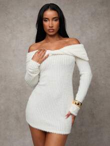 SHEIN BAE Vestido ajustado de manga larga con hombros descubiertos y unicolor de moda para mujer - Albaricoque - Ver 5