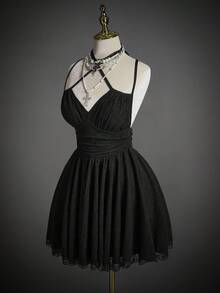 SHEIN ICON Vestido corto de mujer de unicolor con espalda descubierta, drapeado y volantes, con tirantes ajustables - Negro - Ver 1