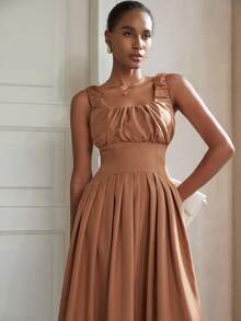GENKIRA Vestido sin mangas con busto y dobladillo plisados, estilo minimalista para ir al trabajo, elegante - Marrón - Ver 5